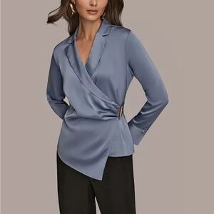 Elegant Wrap Satin Blouse in Slate Blue